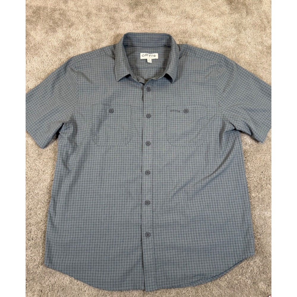 Orvis Men Grey Blue Plaid Short Sleeve Button Down Shirt Lrg Classic Collection